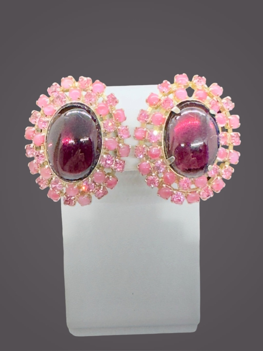 Vintage Large Pink Art Glass Cabochon & Rhinestone Clip On Earrings